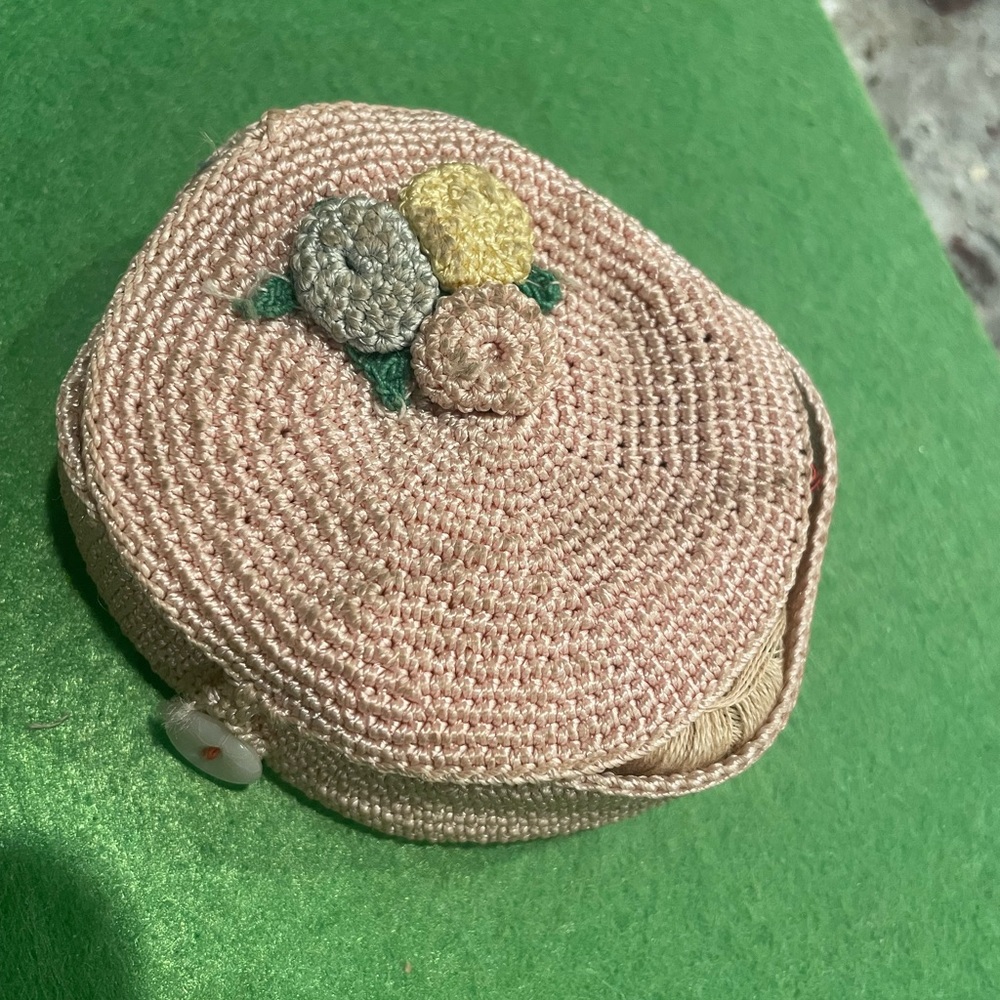 Handmade Vintage 40’s-50’s Pink Crocheted Basket w/ Thread Rolls
